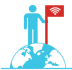 Person standing on the globe with flag planted